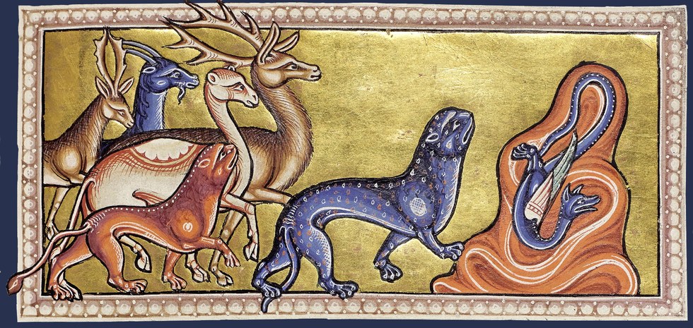 Detail from the Aberdeen Bestiary: animals drawn toward the panther while the dragon recoils, on a gold ground.